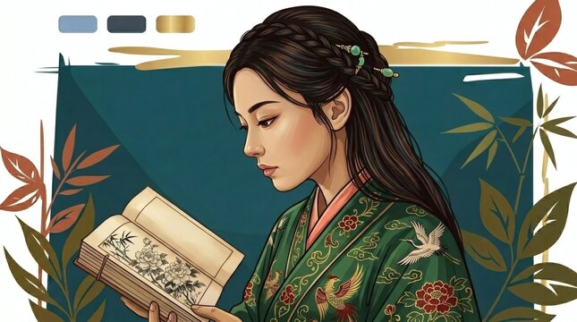 An elegant vector illustration of a young Asian woman in a green embroidered robe reading a book, framed by botanical elements and a color palette.