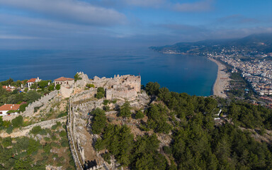 Naklejka premium Alanya Castle and Historic Seljuk Shipyard Aerial Panorama on Mediterranean Coast, Antalya, Turkey