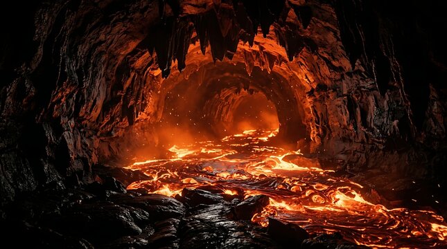 Molten lava flowing through a dark underground volcanic cavern