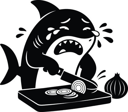 Cute cartoon shark crying while cutting a fresh onion on a wooden cutting board