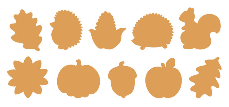 Set of autumn vector silhouettes isolated on white background. Thanksgiving design elements with seasonal animals, foliage, pumpkin, corn and sunflower icon. Good for cookie shape, gift tag, die cut.