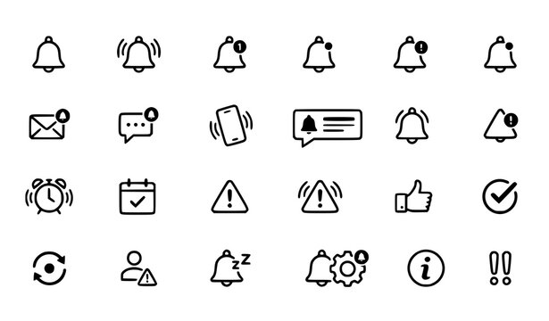 Ringing bell and notification outline icon collection vector