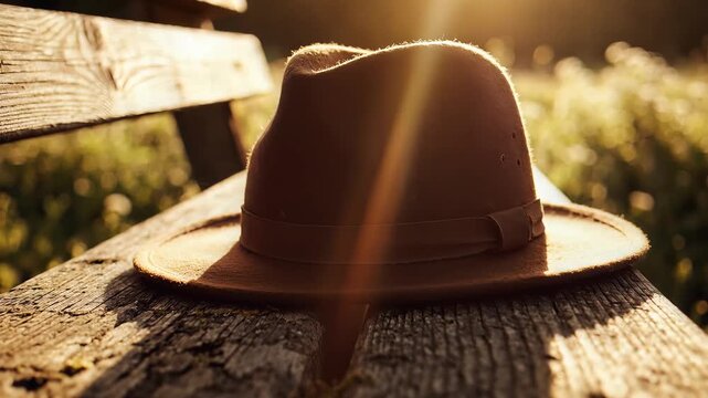 Brown fedora hat on wooden bench surrounded by warm sunlight and flying particles