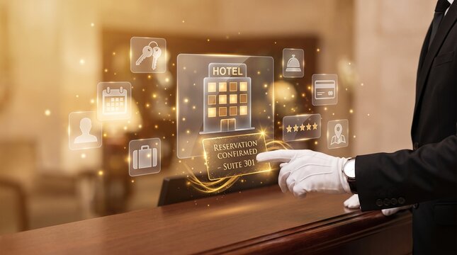 Hotel concierge confirming a reservation on a digital interface