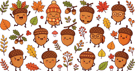 Cute autumn acorn mascot character bundle with colorful maple leaves oak foliage berries and mushrooms in cozy flat cartoon doodle style vector illustration © MstRowshanAra