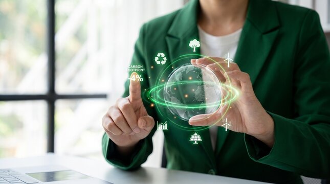 Businesswoman interacting with a digital holographic globe representing sustainability and carbon footprint reduction