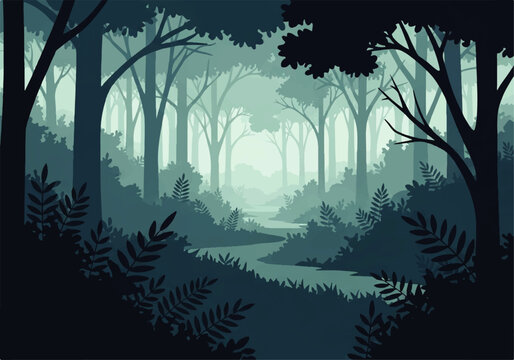 Misty forest path winding through dense trees in a serene, atmospheric vector flat design illustration