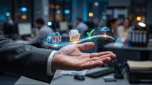 Businessman hand holding digital icons of house, document, checkmark, umbrella, and calculator representing insurance and financial planning