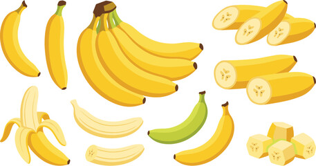Fresh yellow banana vector collection featuring whole bunch single unpeeled green banana peeled fruit round slices and chopped chunks in flat cartoon style © MstRowshanAra