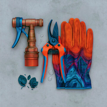 Garden Tools Flat Lay with Gloves, Shears and Hose Nozzle