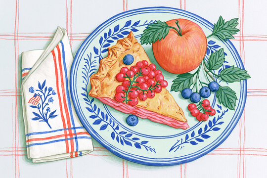 Apple Pie Slice with Berries on Patriotic Table Setting