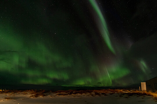 Vibrant green aurora borealis arch dancing across the starry night sky over coastal landscape, Iceland