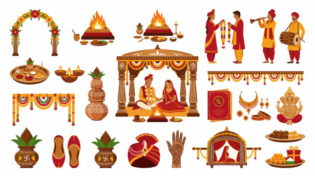 Indian Hindu Wedding Rituals and Traditional Ceremony Elements Flat Vector Illustration Set