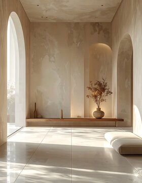 A serene interior room with arched doorways and a vase