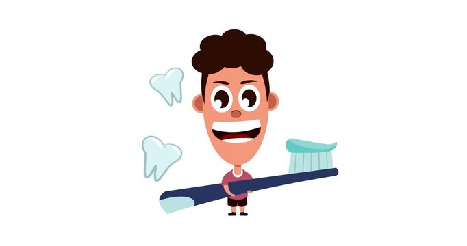vector animation of a boy holding a giant toothbrush and smiling, showing his white teeth.