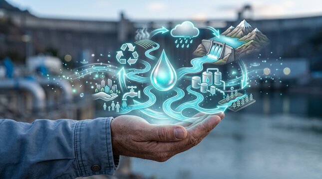Conceptual illustration of sustainable water management and the water cycle held in human hands, featuring hydroelectric power, agriculture, urban usage, and recycling icons