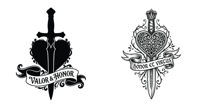 Cross and heart with sword black silhouette design on white background