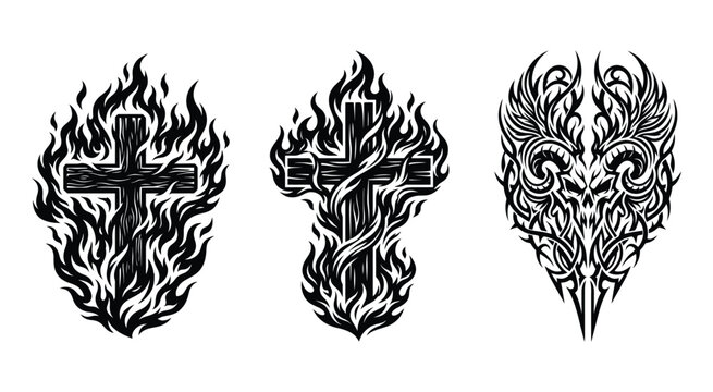 Blackwork Tattoo Designs Featuring Crosses And Tribal Flame Motifs Silhouette