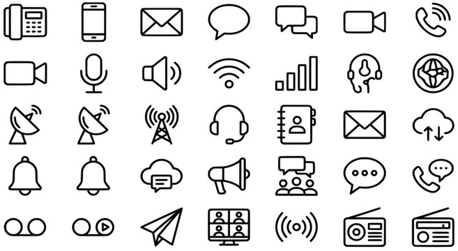 Black outline icons on a white background featuring tools like phones, mail, chat bubbles, and satellites. Perfect for website user interface design or mobile application development.