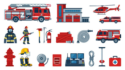 Fototapeta premium Flat Design Firefighting and Emergency Services Equipment, Vehicles, and Personnel Vector Set