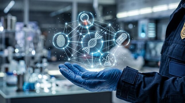 Forensic scientist holding a digital hologram of dna, fingerprint, and laboratory analysis icons in a hightech crime lab
