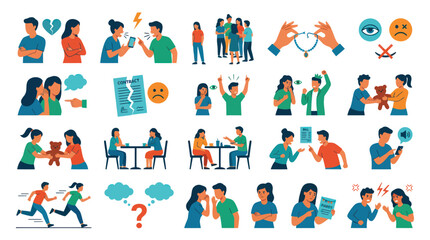 Fototapeta premium Flat Design Icons: Relationship Conflicts, Emotions, Misunderstandings, and Problems