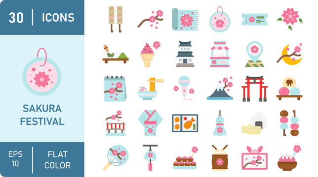 Collection of sakura festival, Japanese spring celebration, and hanami flat color icon set, cherry blossom, culture, travel