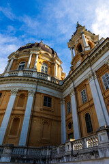 Obraz premium Monumental facade of the Basilica di Superga, home to the royal necropolis of the House of Savoy, on the heights overlooking Turin