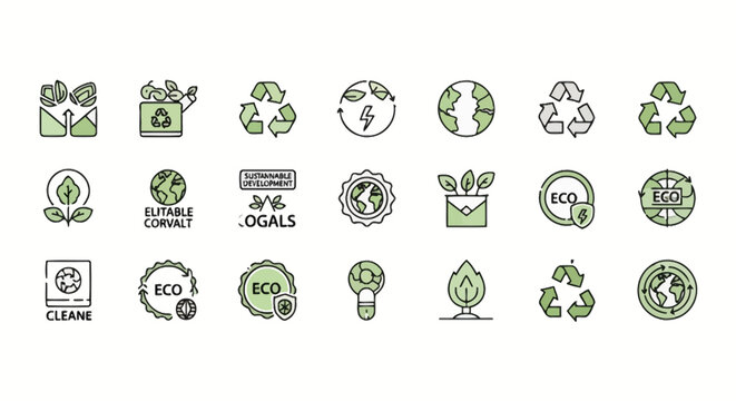 Sustainable environmental conservation and recycling icons set