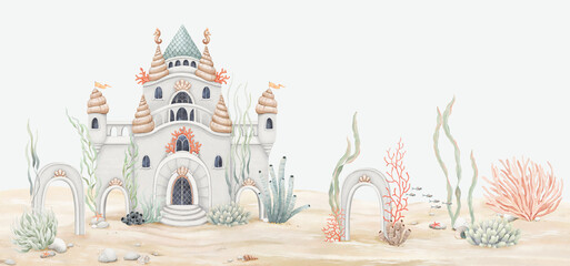 Cute underwater watercolor castle on seabed decoration of colorful seaweeds, corals, plants, seashells, starfishes and white stones. Template for childish mural, wallpaper, aquarium landscape, poster © Nikole