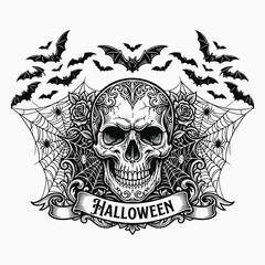 Fototapeta premium Vintage halloween ghost skull design with bats and floral elements for spooky season decorations