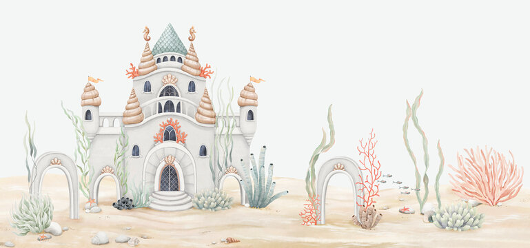 Cute underwater watercolor castle on seabed decoration of colorful seaweeds, corals, plants, seashells, starfishes and white stones. Template for childish mural, wallpaper, aquarium landscape, poster