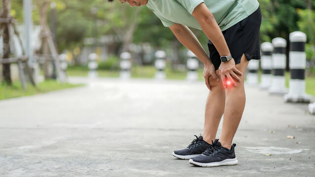 Runner suffering from knee injury during outdoor workout on road with exercise