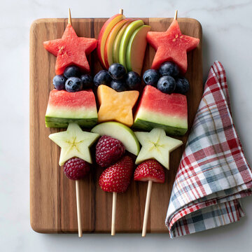 Patriotic Fruit Skewers on Cutting Board with Summer Berries