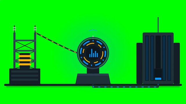 Animated 2D vector of power pylon transmitting energy to building through digital hub on green screen.