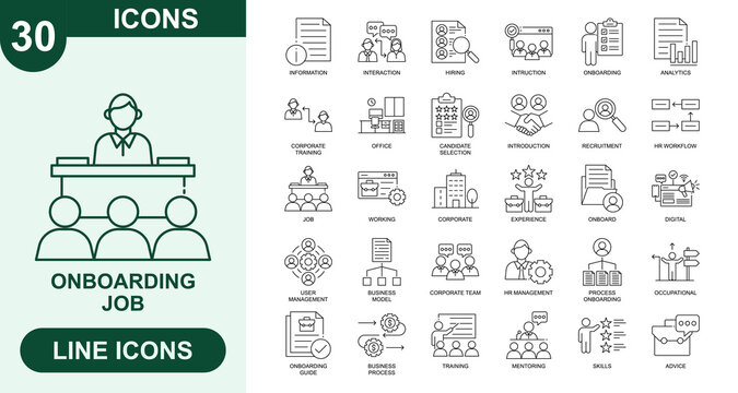 Onboarding Job, Outline Vector Icons. Editable Stroke Icons Set. information, interaction, hiring, intruction, onboarding, analytics, corporate training, office, candidate, introduction and more.