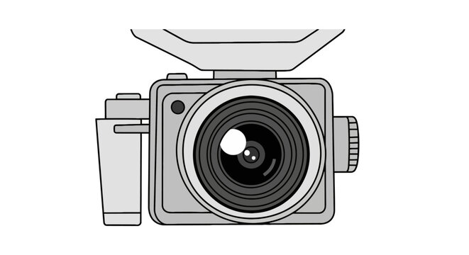 Front view of modern digital camera with professional lens