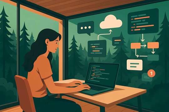 Software Engineer Developing Green Cloud Computing App and Flowcharts