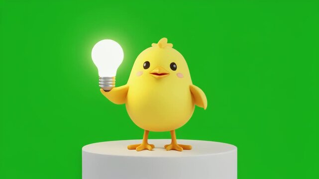 Animated chick holding glowing lightbulb on podium with green screen background