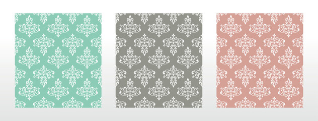 Naklejka premium Wallpapers in the style of Baroque.. Set of colored floral ornaments. Seamless vector backgrounds Graphic patterns for fabric, wallpaper, packaging. Ornate Damask flower illustration