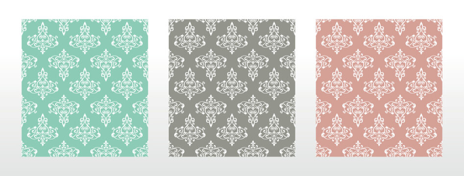 Wallpapers in the style of Baroque.. Set of colored floral ornaments. Seamless vector backgrounds Graphic patterns for fabric, wallpaper, packaging. Ornate Damask flower illustration