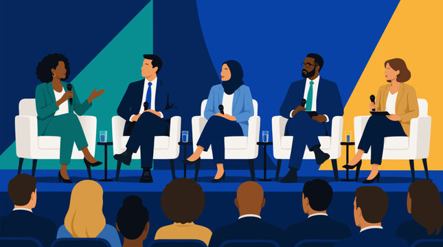 Diverse panel of professionals seated confidently on stage during a corporate conference discussion with microphones and audience, ideal for business event and leadership communications as a clean fla