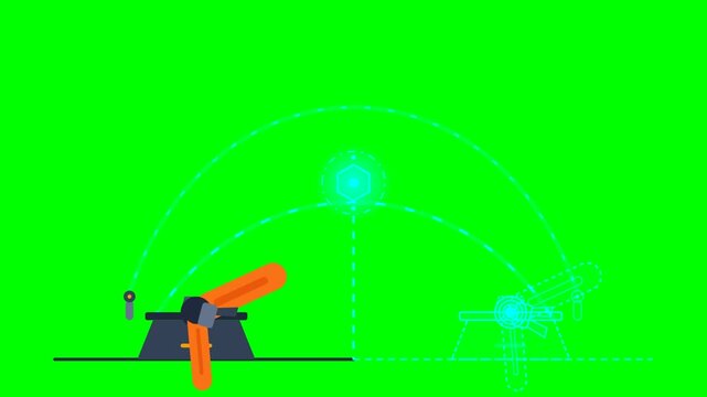 Animated orange robotic arm moves along HUD arc on green screen background for industrial tech overlays.