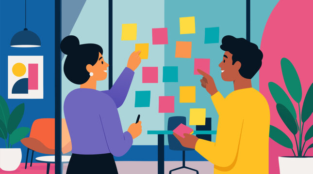 Two colleagues brainstorm ideas with colorful sticky notes on a glass wall in this lively flat vector illustration on a light background, great for creative agency, teamwork, and innovation branding