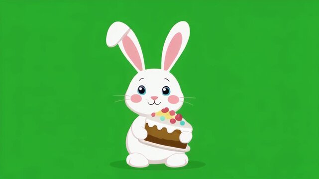 Animated Easter bunny holding carrot cake during spring celebration with playful movement