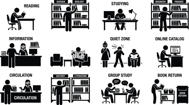Library services and activities icon set with people reading, studying, searching books and returning items