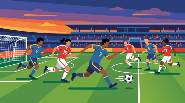 Soccer players chasing a ball across a bright green stadium field at dusk in an energetic match scene, ideal for sports brands, football events, and athletic competition marketing in a clean flat vect