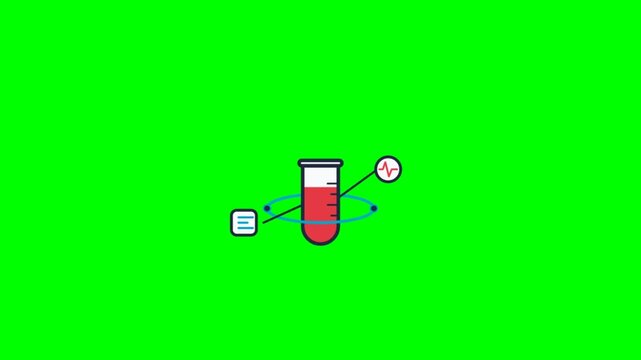Animated test tube icon filling with red fluid and showing research data on green screen