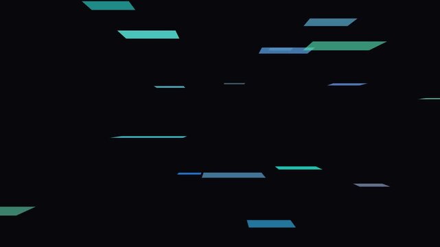Teal blue geometric shapes float and swirl in a dark void with subtle parallax motion