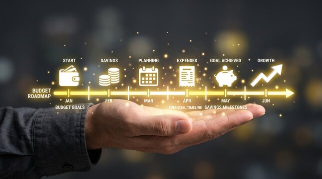 Budget roadmap concept with financial planning icons and timeline